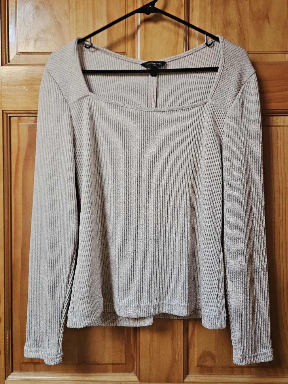 Banana Republic Ribbed Long-Sleeve Square Neck Top in Light Taupe